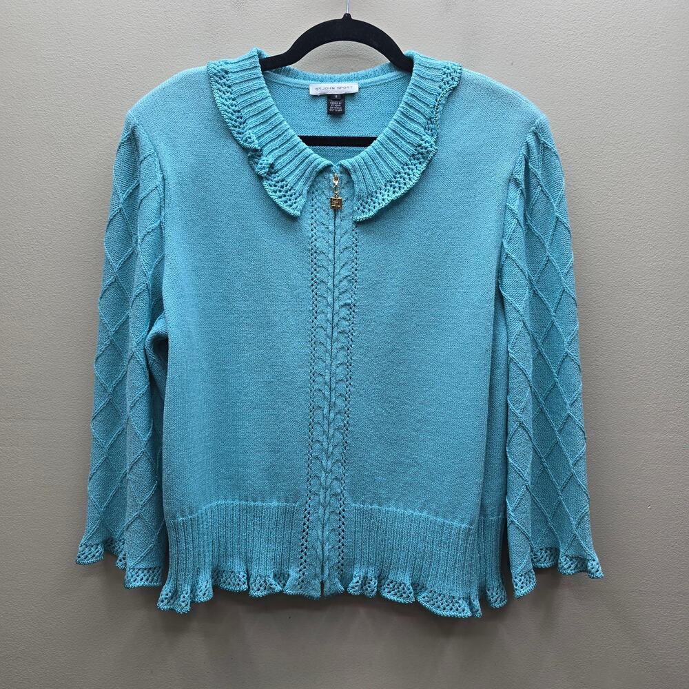 St. John Sport Knit Cardigan Size 12 Ruffle Collar Cottagecore Coquette Blue